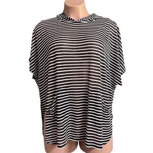 Cejon Stripe Cover‎ Up Top Womens Sz OSFM Black White Textured Hooded Semi-Sheer